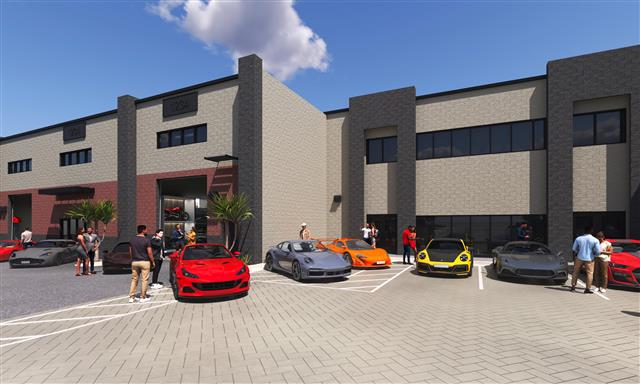 Exterior rendering with luxury sports cars